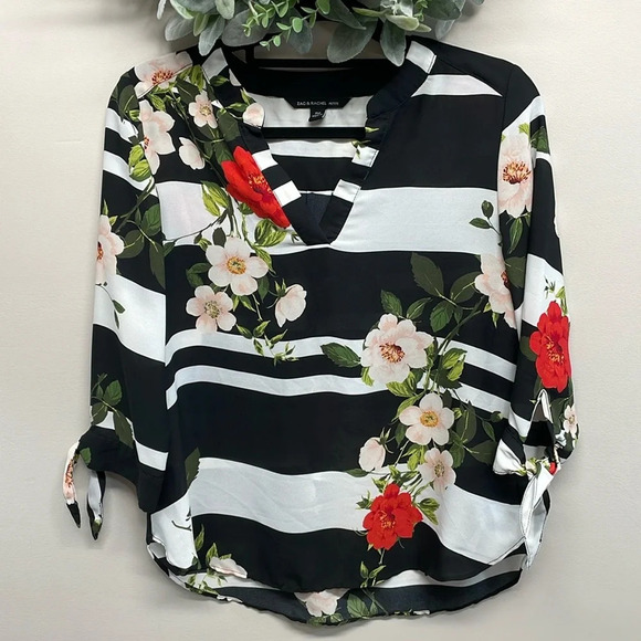 Zac & Rachel 3/4 Sleeve V-Neck Blouse Black White Striped Floral PM - Picture 1 of 15